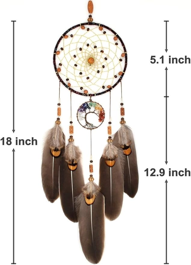 MOONFLY Dream Catcher Handmade Traditional Feather Dreamcatcher Hanging Home Wall Decoration Craft Ornament for Home, Bedroom, Kids, Boys Native American Style Décor (Brown Life Tree)