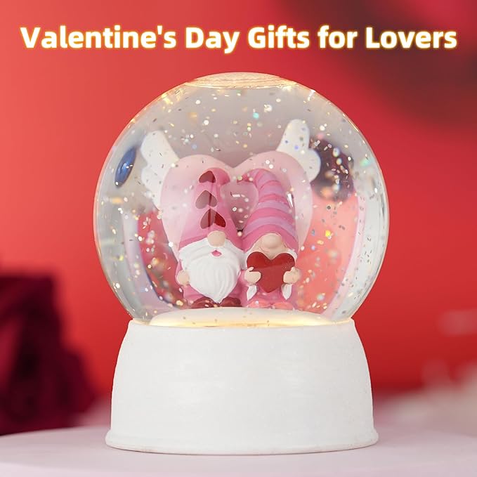 Valentines Day Decor Musical Gnomes Snow Globe, Couple Gnomes Lighted Snow Globe with 6H Timer, USB/Battery Operated, Birthday Wedding Valentine's Day Gifts for Women