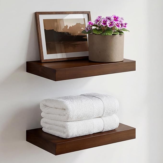 Homeforia Walnut 12 inch Floating Shelf, High End Solid Real Wood Small 12inch Floating Shelves for Wall Mounted, Dark Brown 12in Floating Shelves, Heavy Duty Bracket, 12 X 6.5 X 1.75 inches, Set of 4