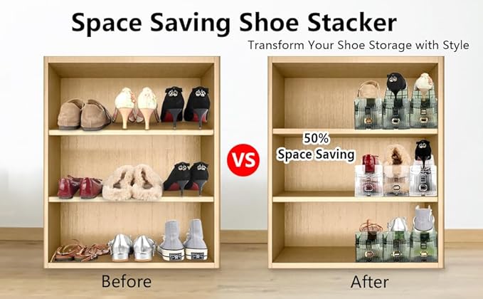 Yes!Fresh Shoe Slots Organizer, Boutique Display Style Shoe Stacker for A Pair of Shoes, Separable Shoe Rack for Closet Organization, 3 Adjustable Narrow Shoe Rack (Clear, 2 Pack)