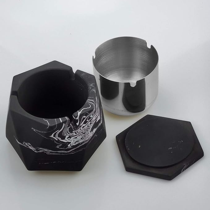 FREELOVE Concrete Ashtray with Lid & Stainless Steel Ashtrays for Cigarettes, Cement Ash Tray Smoking Holder Indoor Smokeless Outdoor Windproof Patio Home Office Cool Decor(Black-White, Large)