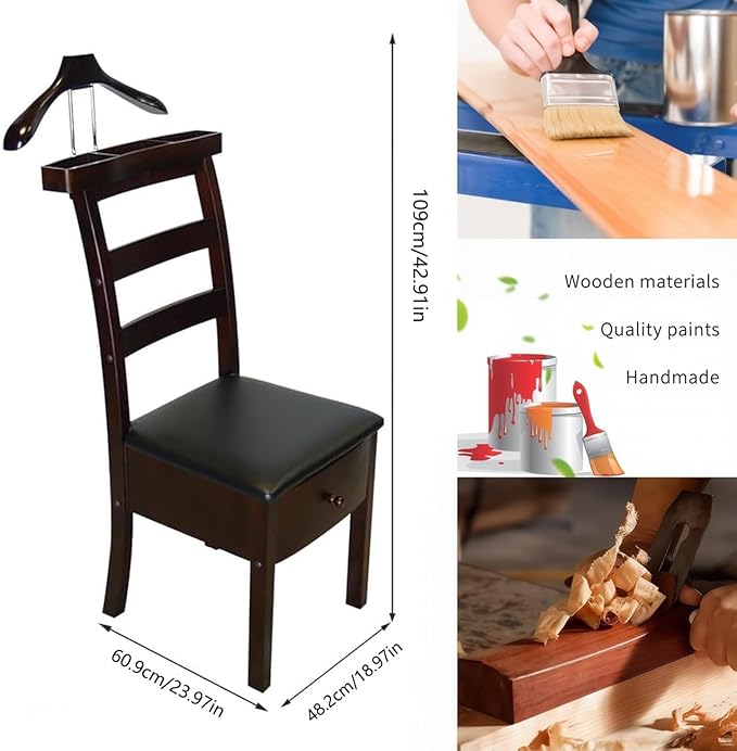 Wood Chair Valet Stand With Hanger Trouser Bar, Top Storage Tray Wardrobe, Clothing Rack Chair Valet With Cushion Wardrobe Men Women Standing Suit Valet for Hotel, Commercial(Dark Brown)