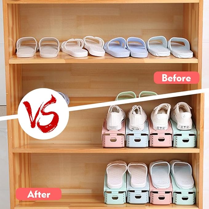 Bibabala Shoe Slots Organizer, 10 Pack Adjustable Shoe Rack Stacker Storage Space-Saveing 50%, Double Deck Shoes Rack Holder for Shoes Holder Organization, Closet Organization(Pink)