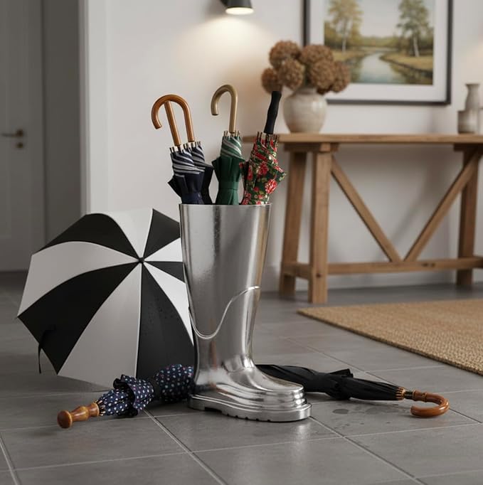 Modern Day Accents 3525 Bombero Boot Umbrella stand for umbrellas, Umbrella Organizer, Cane Holder, Silver, Entryway Decorative Umbrella Stand, Umbrella Holder, Home, Office Decor, 10.5"Lx7"Wx15.75"H