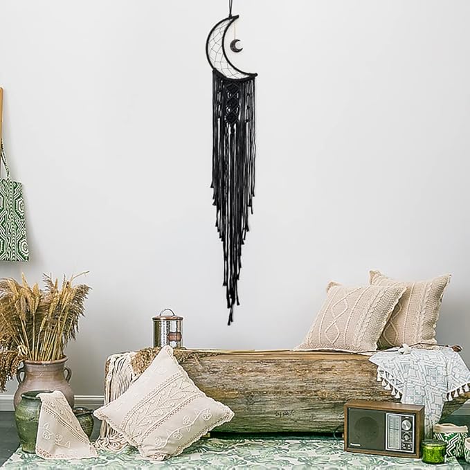 MOONFLY Black Moon Dream Catcher with Handmade Woven Cotton Macrame Wall Hanging Boho Home Decoration Ornament Craft Gift