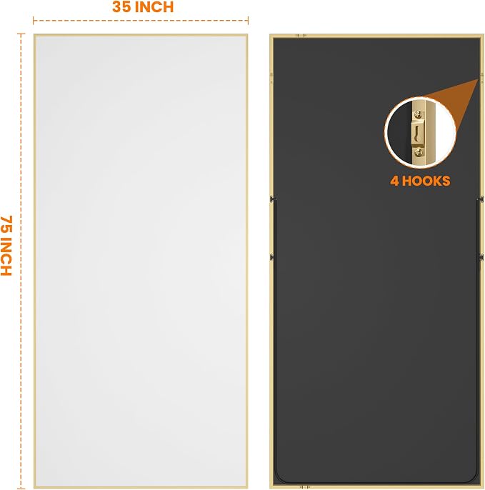 TRAHOME Full Length Mirror, 75"x35" Rectangle Standing Floor Full Body Mirror for Wall with Aluminum Alloy Frame for Bedroom, Living Room, Dressing Room(Gold)