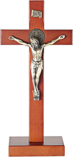 ARCHOBAN Wooden Crucifix Wall Cross Catholic with Stand, 10.7 Inch Jesus Christ Standing Cross for Wall and Table - Brown + Antique Brass