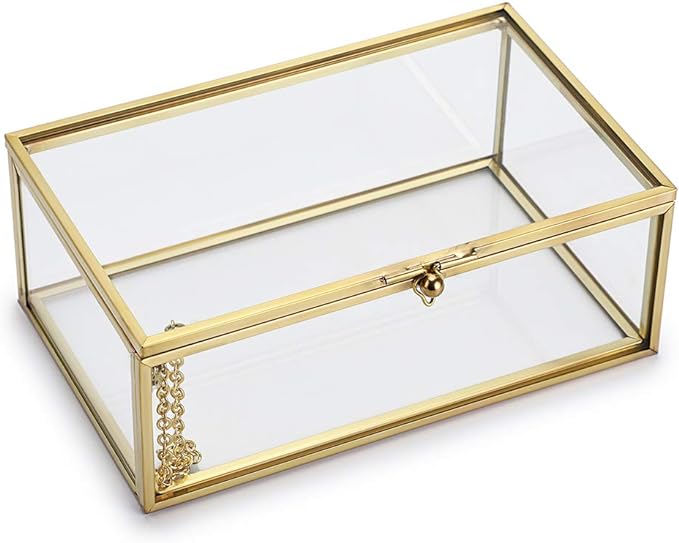 Hipiwe Vintage Glass Keepsake Box, Rectangle Jewelry Display Organize Vanity Lidded Box Home Decor Accent Decorative Box for Storage Trinket Rings Bracelet