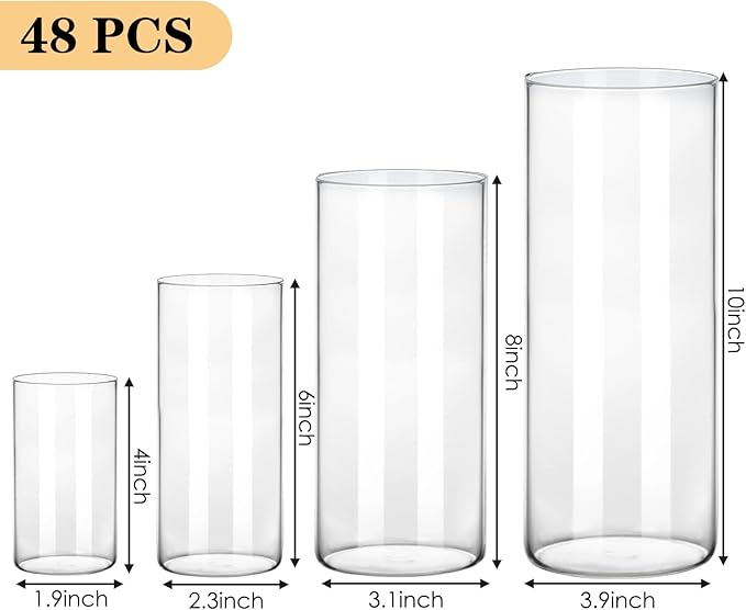 Fixwal 48pcs Clear Glass Cylinder Vases, 4, 6, 8, 10 Inch Tall Cylinder Vases for Centerpieces, Glass Flower Vase, Floating Candle Holder Vase for Table Shelf, Party, Wedding, Home Decor