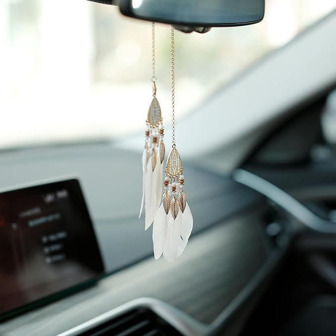 Mini Dream Catcher Car Interior Rearview Mirror Hanging Decor Nature Feather Small Boho Car Charms Pendant Accessories (New White)