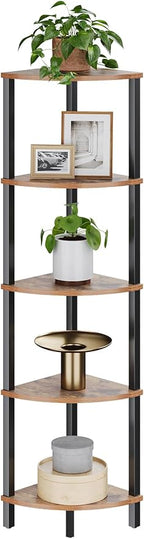 VIMBER Corner Shelf, 5-Tier Corner Bookshelf, Industrial Corner Ladder Shelf, Rustic Display Shelf for Living Room, Bedroom, Kitchen, Home Office, Rustic Brown and Black UJSJ001H