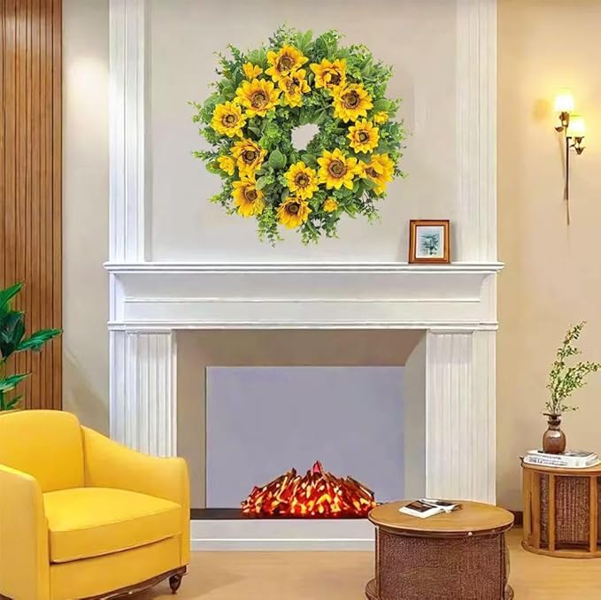 20 Inch Spring Sunflower Wreath for Front Door - Artificial Yellow Floral Front Door Decor with Sunflowers and Green Leaves, Cheerful Farmhouse Porch Indoor Outdoor for All Seasons Decor