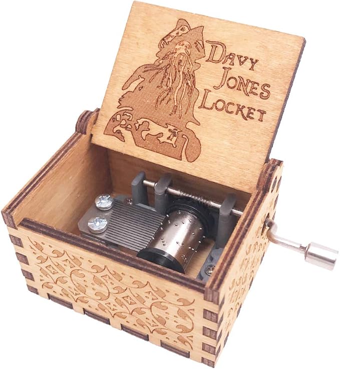 Davy Jones Locket Music Box Hand Crank Musical Box Carved Wooden,Play Davy Jone's Theme,Brown