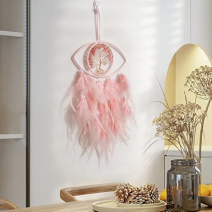 Pink Evil Eye Life of Tree Dream Catcher Wall Decor, DreamCatchers Wall Hanging Ornaments for Bedroom Home Decor Festival Gift