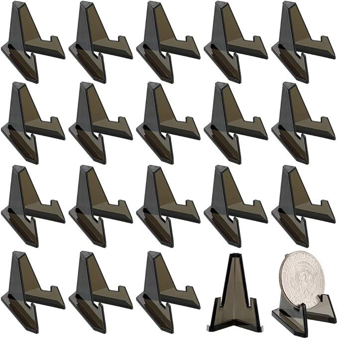 Hipiwe 20 Packs Mini Acrylic Easel Stands Black Coin Display Easel Holder for Displaying Air-Tite Coins Pocket Watches Capsules Challenge Medals Casino Chips