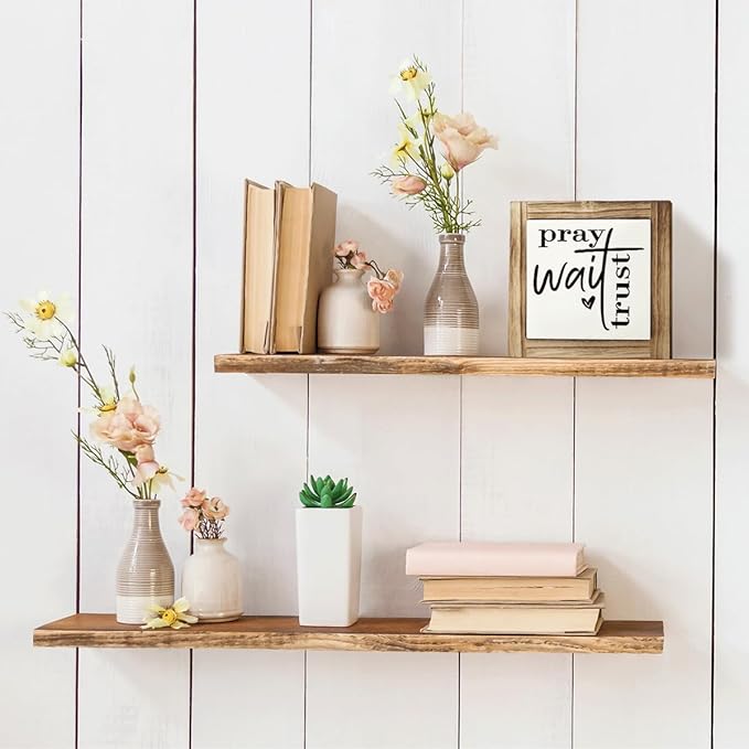 Inspirational Box Signs, Farmhouse Desk Sign Decor, Christian Home Office Decor, Shelf Decoration, Encouragement Gift for Him Her, Pray Wait Trust Sign, 5.9×5.9 inches