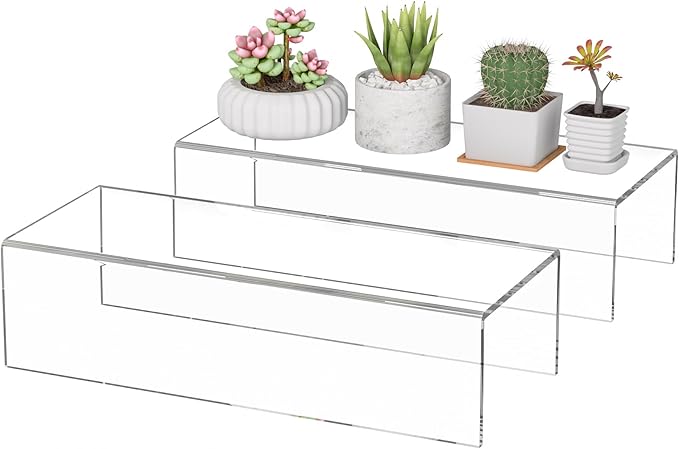 Sezanrpt Acrylic Shelf Riser 12x4.7x3 pack of 2, Desktop Rectangular Acrylic Tray Pedestal Stand for Funko Pop Figure, Bags, 12x4.7x3 Inch
