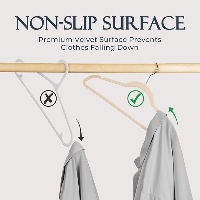 HOUSE DAY Beige Velvet Hangers 60 Pack, Non Slip Clothes Felt Hanger Heavy Duty for Coat, Premium Slim Space Saving Suit Hangers for Closet Organizer, 360° Rotating Silver Hook