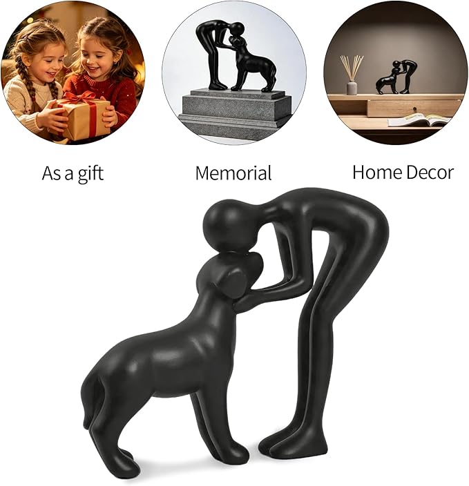 Abstract Resin Hand-Painted Sculpture of Person and Dog Bonding – Head-to-Head Intimate Figurine Decoration for Office、Living Room、Bedroom、Home， Memory Gifts for Pet Lovers (Black)