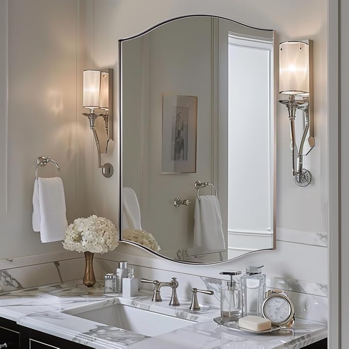 ANDY STAR Rectangle Scalloped Mirror, 30"x40" Brushed Nickel Bathroom Mirror in SUS304 Stainless Steel Metal Frame, Large Silver Vanity Mirror with Unique Arched Top Design
