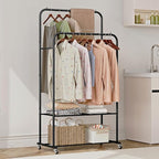 SUOERNUO Clothes Rack with Wheels Garment Rack for Hanging Heavy-Duty Clothing Rack Metal Rolling Clothes Shelves for Bedroom, Closet (Black)