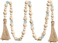 OMISHE Wood Bead Garland with Tassels 52 Inches, Octagonal Handmade Wooden Beads with Blue Acrylic Beads, Boho Wooden Beads Home Decor, Farmhouse Beads Garland for Tiered Tray Decor Beach Decor