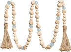 OMISHE Wood Bead Garland with Tassels 52 Inches, Octagonal Handmade Wooden Beads with Blue Acrylic Beads, Boho Wooden Beads Home Decor, Farmhouse Beads Garland for Tiered Tray Decor Beach Decor
