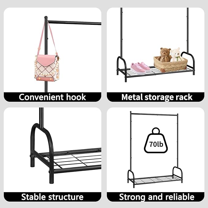 Kids Clothing Rack, Kids Dress Up Storage Rack, Small Clothes Rack with Metal Storage Shelf, Kids Closet Organizers and Storage (Black)