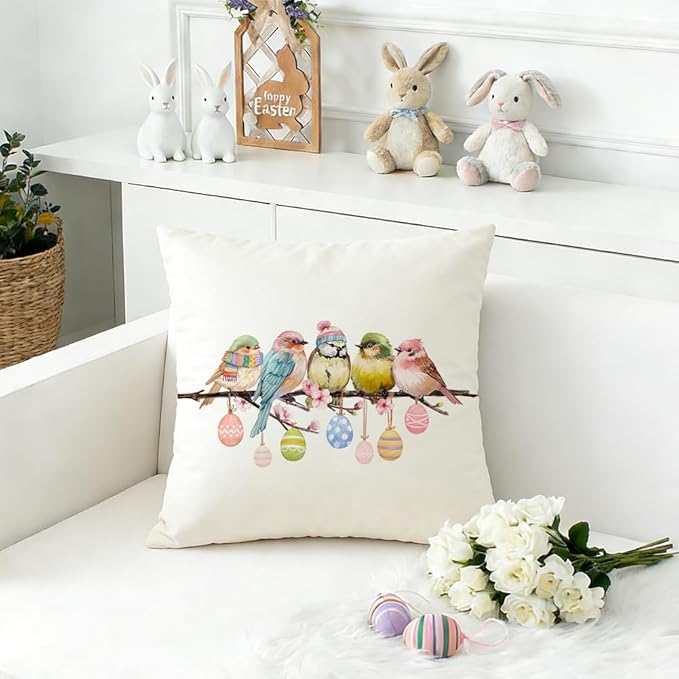 RABUSOFA Easter Pillow Covers 18x18 inch Easter Decorations Pink Birds Colorful Eggs Throw Pillows for Bedroom Sofa Holiday Festivals Home Decor