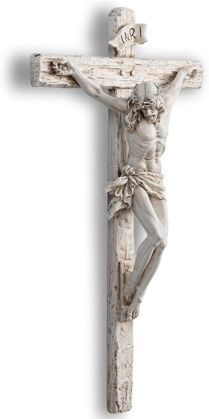 DevotedWalls Jesus Christ at Calvary Crucifix INRI Wall Cross,Resin Hand Sculpted Detailed Jesus Christ Wall Cross,12" H Holy Jesús Corpus Wall Crucifix for Catholic Gifts（Antique White）