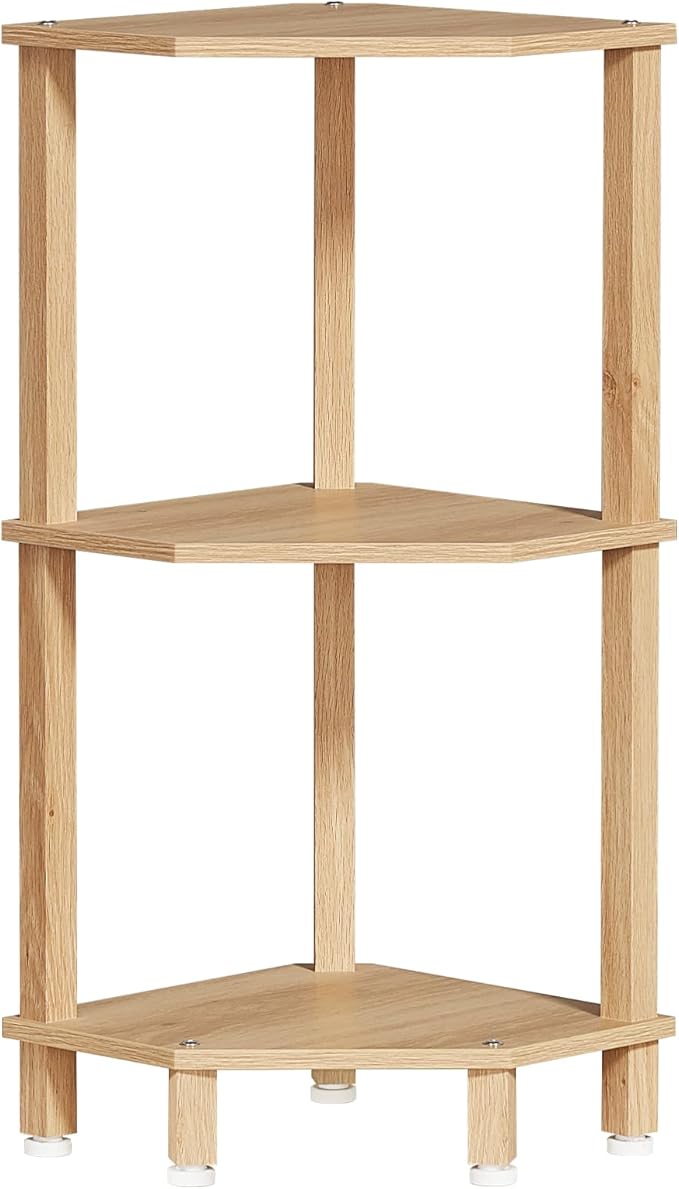 YUFAM 3-Tier Corner Shelf with Sturdy 5-Leg Base, Wooden Corner Bookshelf for Small Spaces, Small Corner Table for Living Room, Bedroom, Bathroom, Natural