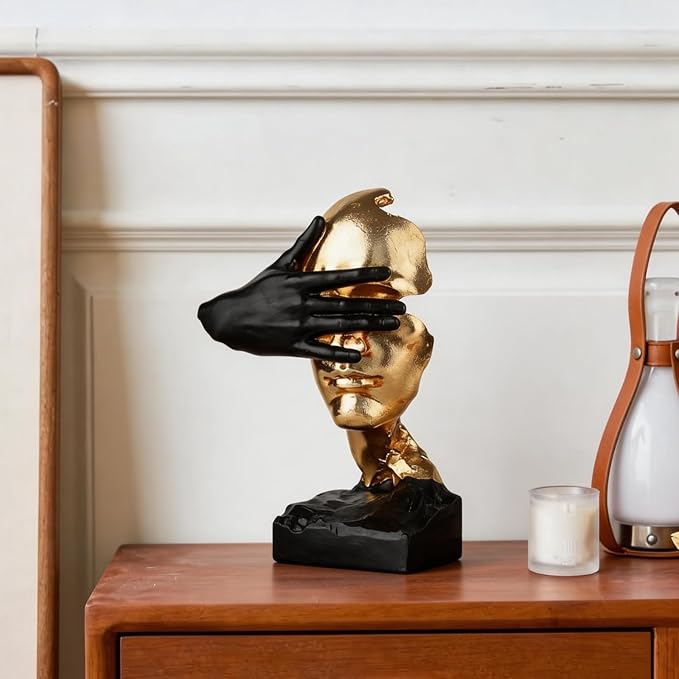 12" Thinker Statue, Silence is Gold Abstract Art Figurine, Modern Creative Home Resin Sculptures Decorative Objects, See No Evil Home Decor for Office Bookshelf Desktop