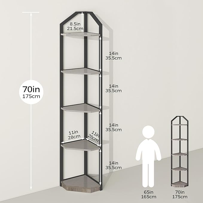 Fun Memories 5 Tier Corner Shelf, 70” Corner Shelf Stand, Corner Bookshelf Plant Stand, Storage Shelf for Bathroom, Living Room, Kitchen,Grey Home Office, Grey