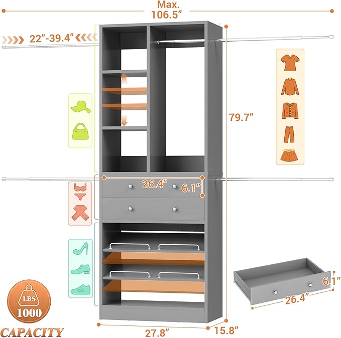 Closet System, 4.2–8.8 FT Closet Organizer with 2 Wooden Drawers and Shelves, Walk-in Closet System with 5 Hang Rods, Built-in Closet Tower, Can Fit 60 to 96 inch, Morandi Grey