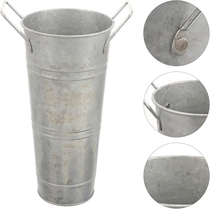 Alipis Metal Umbrella Stand Rack Standing Umbrella Holder Bin Canes Walking Sticks Holder Galvanized Metal Vases Farmhouse French Bucket with Handles Silver