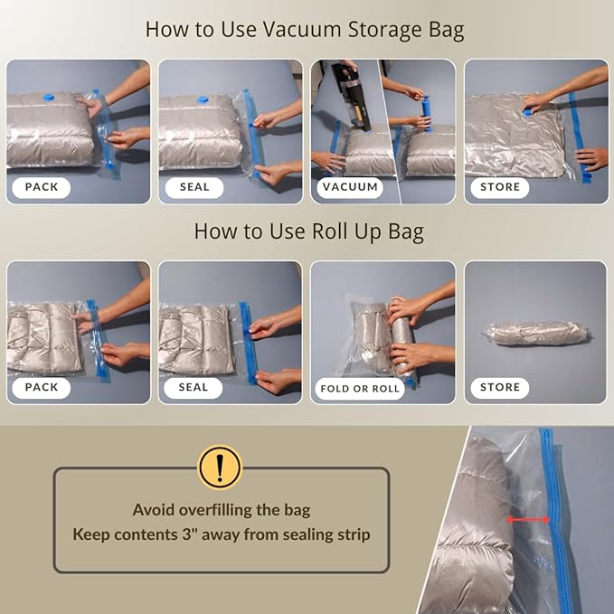 12 Pack Vacuum Storage Bags with Hand Pump, Compression Space Saver for Comforter, Bedding, Blanket Storage, Vacuum Seal Bags for Clothing, Luggage Suitcase and Closet Organizer
