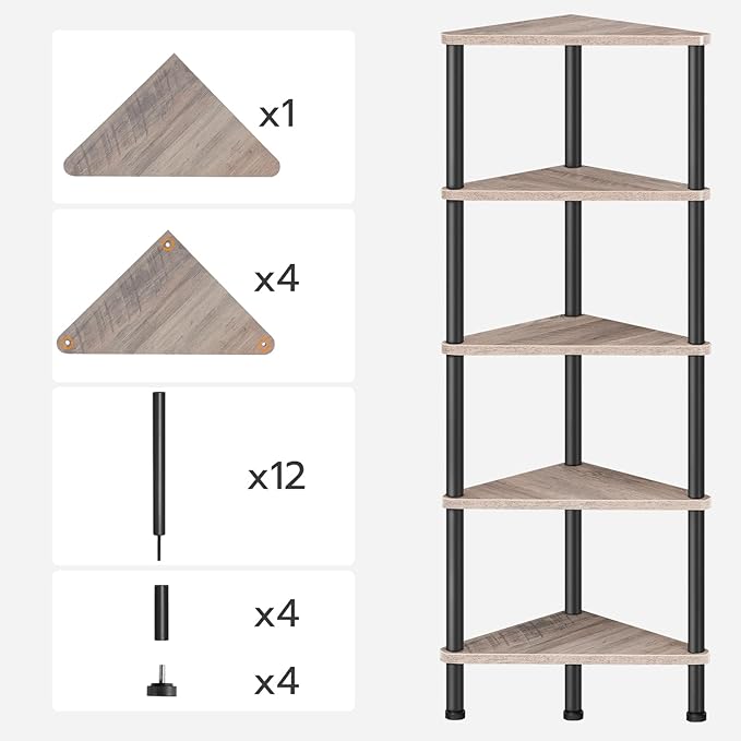 HOOBRO Corner Shelf Stand, Industrial 5-Tier Corner Bookshelf with Metal Frame, Corner Shelf Stand Display Plant Flower, Corner Bookcase for Small Spaces, Living Room, Greige and Black BG33CJ01