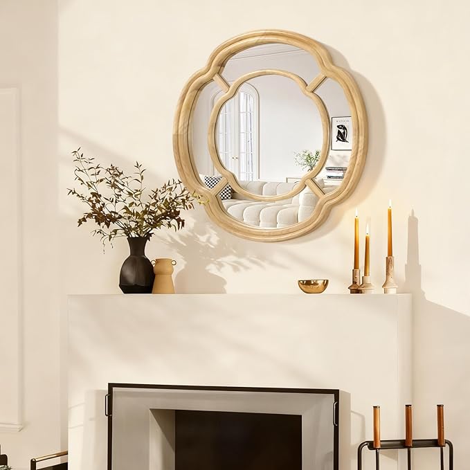Wall Mounted Mirror, Wooden Round Framed Mirror Irregular Wavy Hanging Decorative Mirrors for Living Room Bedroom and Entryway Home 20 Inch Decor