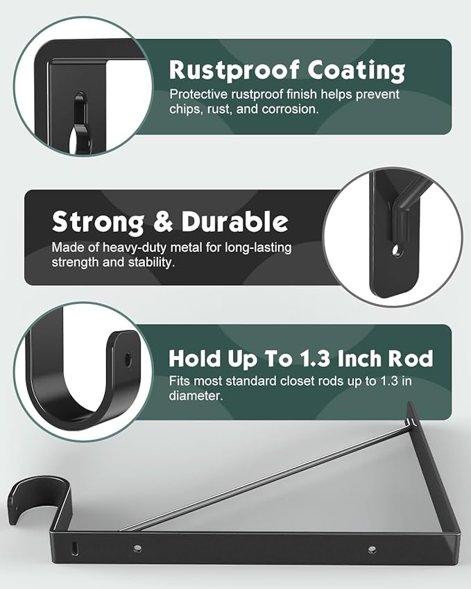 4 Pack Closet Rod Bracket, Heavy Duty Closet Rod Support with Rod Holder, Wall Mounted Closet Shelf Brackets with Triangle Stabilizing Design for Closet, Bathroom and Kitchen, Black