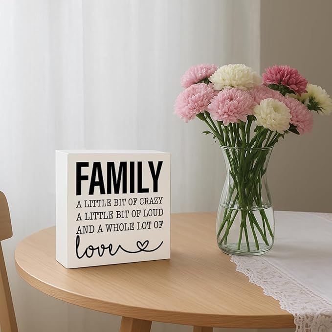 Funny Wood Sign, Family A Little Bit Of Crazy A Little Bit Of Loud And... Housewarming Gift, Box Sign Decor Tabletop, Living Room Decor, Hallway Decoration, 5.1x5.1inches