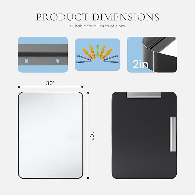 Bathroom Mirror for Wall, 40x30 Inch Rectangle Mirror, Matte Black Metal Framed Bathroom Vanity Mirror for Restroom Farmhouse, Anti-Rust, Tempered Glass, Horizontally or Vertically Hanging
