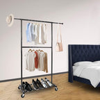 Black Simple Standard Rod Rolling Clothing Garment Rack, Metal Clothes Organizer with Lockable Wheels