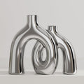 Hug Donut Decorative Vase Set - Silver Vase, Modern Nordic Boho Style Vases Home Decor, Matte Ceramic Decorations for Living Room Shelf, Bookshelf Mantle Entryway Table or Console Décor (Silver)