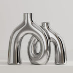Hug Donut Decorative Vase Set - Silver Vase, Modern Nordic Boho Style Vases Home Decor, Matte Ceramic Decorations for Living Room Shelf, Bookshelf Mantle Entryway Table or Console Décor (Silver)
