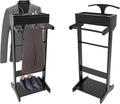 Suit Valet Stand for Men, Black Wooden Clothing Valet Stand with Hanger and Tray Bedroom Organizer for Coats Suits and Hats Modern Freestanding Wardrobe Storage for Home Office Men and Women