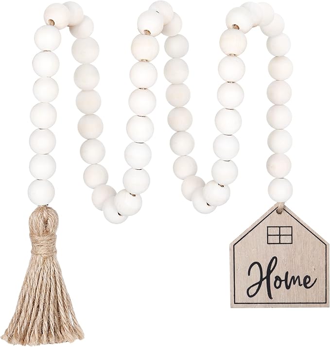 Meplait Home Wooden Bead Garland with Tassel, Decorative Beads Home Decor Farmhouse Tassel Garland Boho Decor for Tiered Tray（38in）