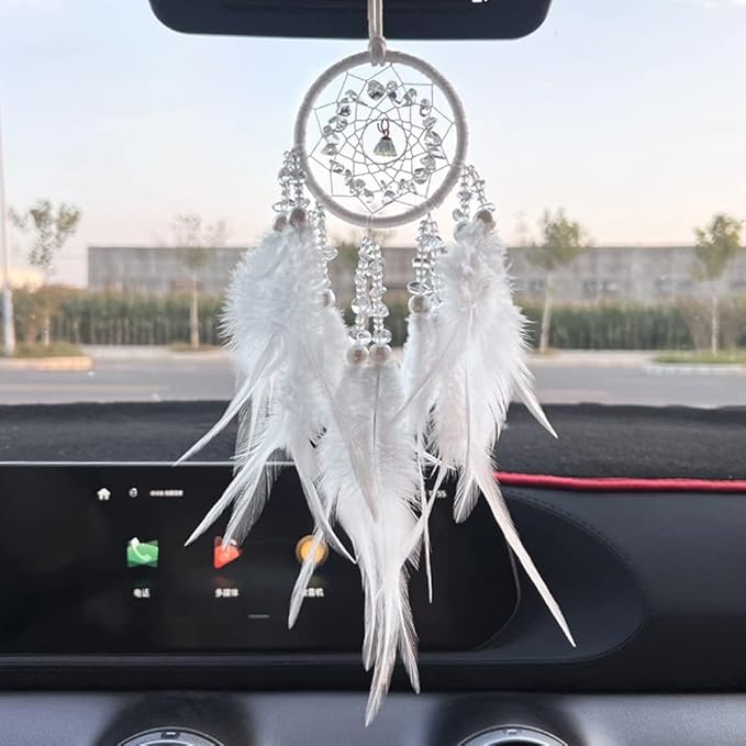 Car Dream Catcher for Rearview Mirror Accessories, Small White Dream Catchers for Car Hanging Ornament for Room Decoration Pendant