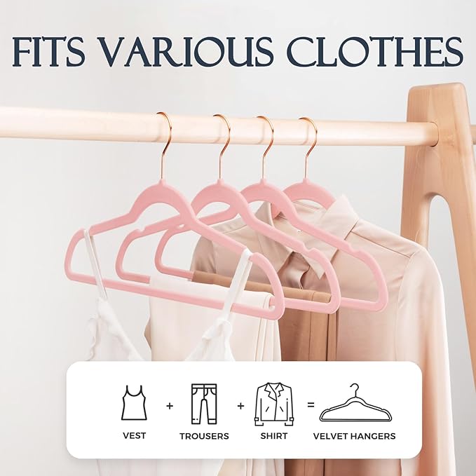 HOUSE DAY Lt Pink Velvet Hangers 240 Pack, Premium Non-Slip Clothes Felt Hangers, Sturdy Black Heavy Duty Coat Hanger, Durable Space Saving Suit Hanger, No Marks 360° Rose Gold Rotating Hook