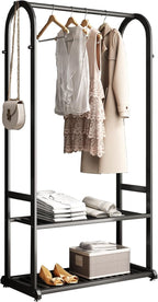 Freestanding Clothing Rack,Metal Garment Rack with Bottom Shelves and 6 Side Hooks,Black sturdy clothes racks for hanging clothes,Modern Wardrobe Organizer for Bedroom or Closet (L:31.5IN)