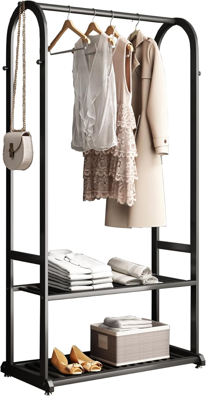 Freestanding Clothing Rack,Metal Garment Rack with Bottom Shelves and 6 Side Hooks,Black sturdy clothes racks for hanging clothes,Modern Wardrobe Organizer for Bedroom or Closet (L:31.5IN)
